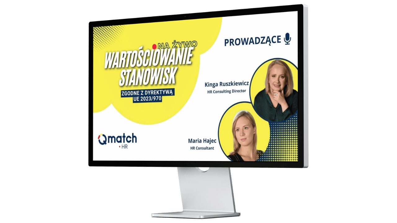 Grafika webinaru Qmatch HR: wartościowanie stanowisk na żywo, zgodne z dyrektywą UE 2023/970, prowadzą Kinga Ruszkiewicz oraz Maria Hajec
