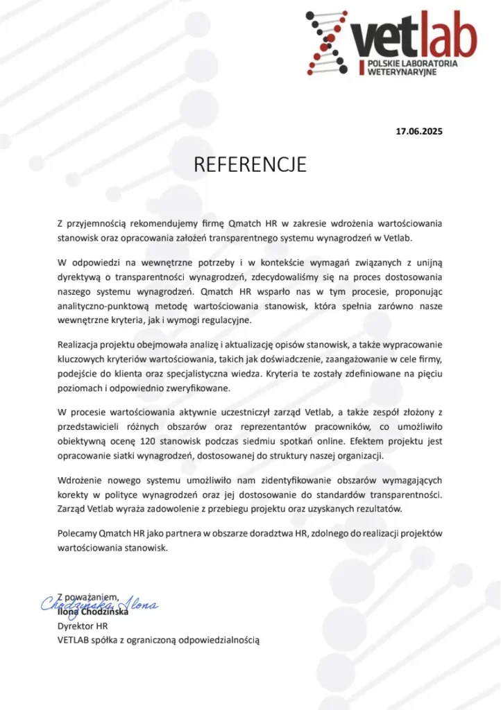 Skan listu referencyjnego: VETLAB Sp. z o.o.