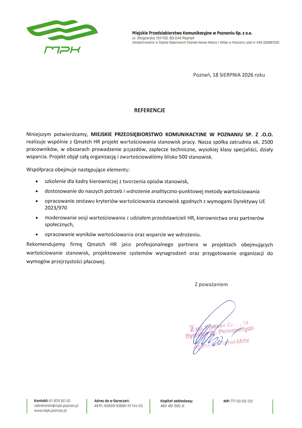 Skan listu referencyjnego MPK w Poznaniu dla Qmatch HR, wartościowanie stanowisk