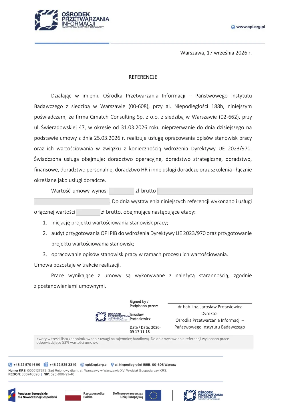 Skan listu referencyjnego Ośrodka Przetwarzania Informacji - Państwowego Instytutu Badawczego dla Qmatch HR
