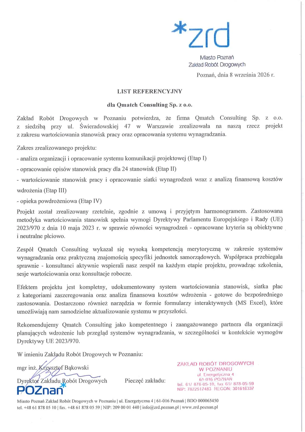 Skan listu referencyjnego Zakładu Robót Drogowych w Poznaniu dla Qmatch HR: wartościowanie stanowisk w sektorze publicznym oraz siatka płac